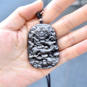 Silver Obsidian Dragon Pendant Necklace - Chinese Zodiac Beaded Necklace